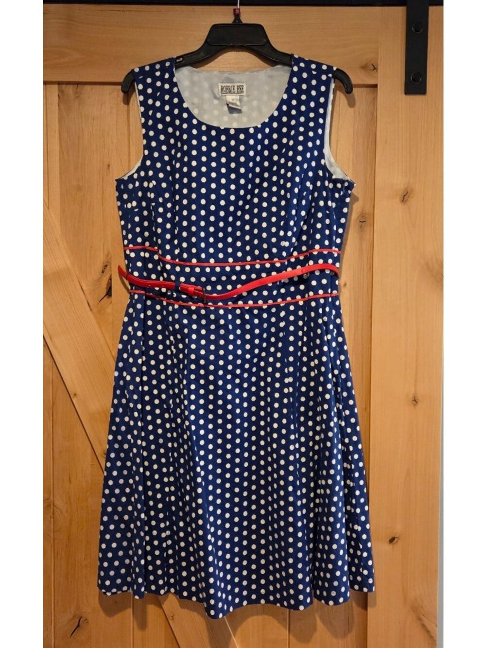 Robbie Bee Size 16 Blue Polka Dot Fit Flare Midi Dress Red Belt Pin up Girl